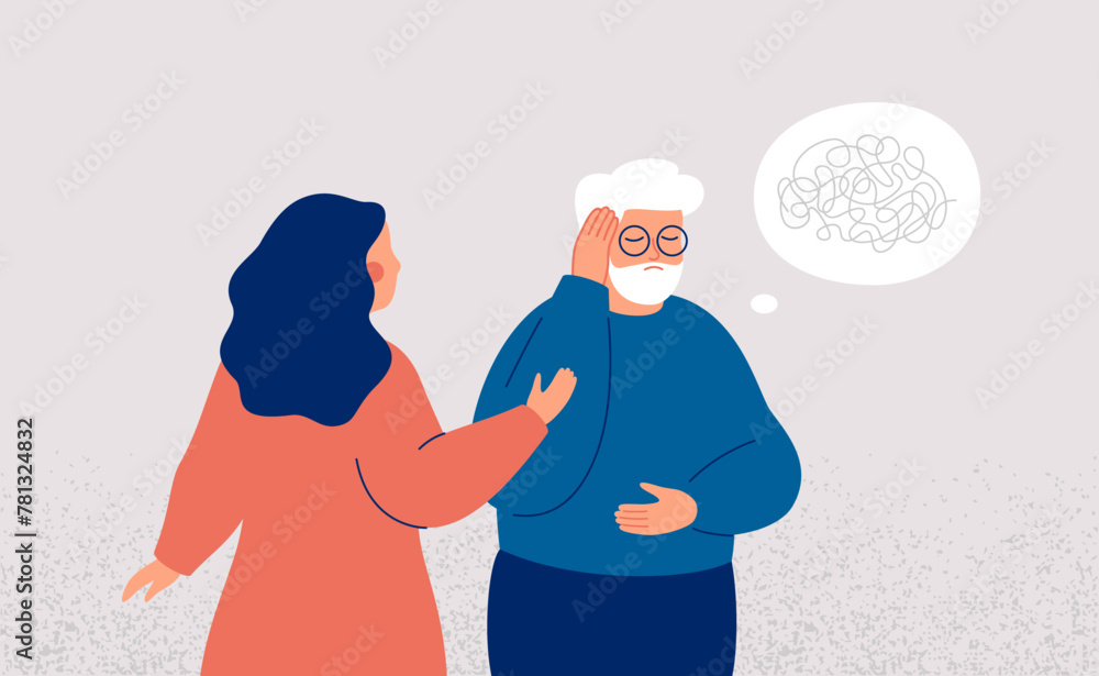 Supporting elderly people with dementia. Caregiver or family member helps to senior man with neurological disorder.  Mental health vector illustration
