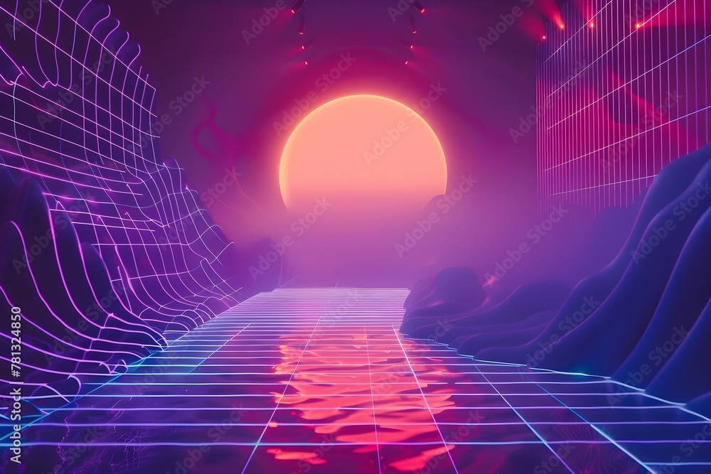 A neon cityscape with a glowing sun in the background. The sky is a deep purple and the buildings are tall and colorful. Scene is futuristic and vibrant - obrazy, fototapety, plakaty 