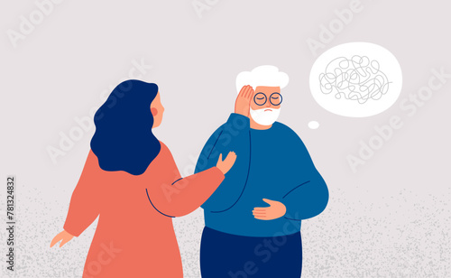 Supporting elderly people with dementia. Caregiver or family member helps to senior man with neurological disorder.  Mental health vector illustration