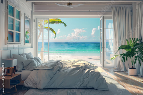 Serene Bedroom with Ocean View. Serene bedroom interior with a stunning beach view, ideal for travel and real estate themes.