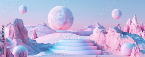 abstract glacier landscape background, surrealism vibe, a podium for product placement us, cosmetics etc, blue  and pink vintage color palette photo