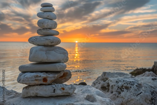 A stack of white rocks on a beach with the sun setting in the background. The scene is serene and peaceful  with the rocks creating a sense of stability and calmness