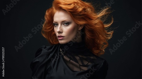 Portrait of a young beautiful girl with red hair on a dark background. Irish beauty.