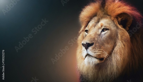 Close-up portrait of a Lion on black or dark background with gradient effect. 