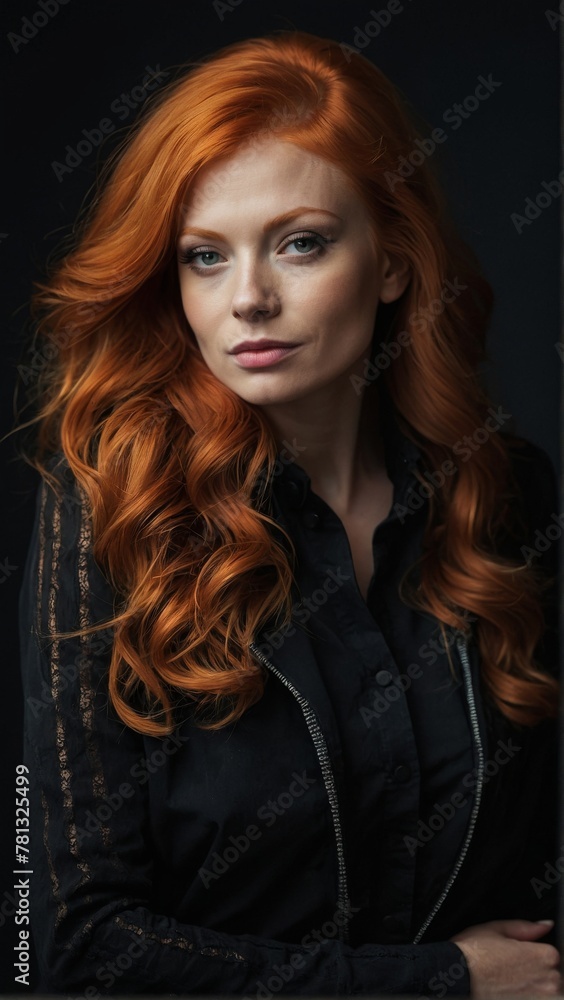 Portrait of a young beautiful girl with red hair on a dark background. Irish beauty.