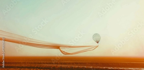 one orange scarf standing on orange empty place floating and flying . orange veil and  soft sky, warm sunlight,  peaceful minimal landscape photo