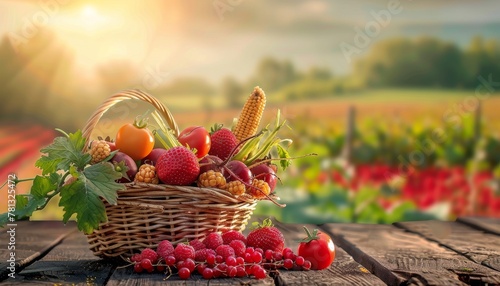 Thansgiving agriculture harvest banner apsicum, tomato, beetroot, strawberry, raspberry ,red corn on the in a basket put on dark brown wooden floor, with defocused landscape field in the background  photo