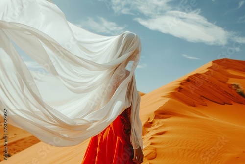 a woman portrait with face covered  under a big white silk cloth carried by the wind  floats dancing in a empty desert  vibrant colors palette color background  