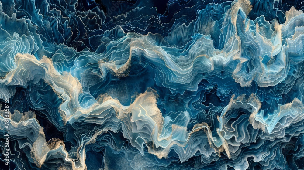 Illustrate the mesmerizing patterns of waves from a bird's-eye view, where the ocean reveals its intricate textures and rhythms. Illustrate the mesmerizing patterns of waves from a bird's-eye view, where the ocean reveals its intricate textures and rhythms.