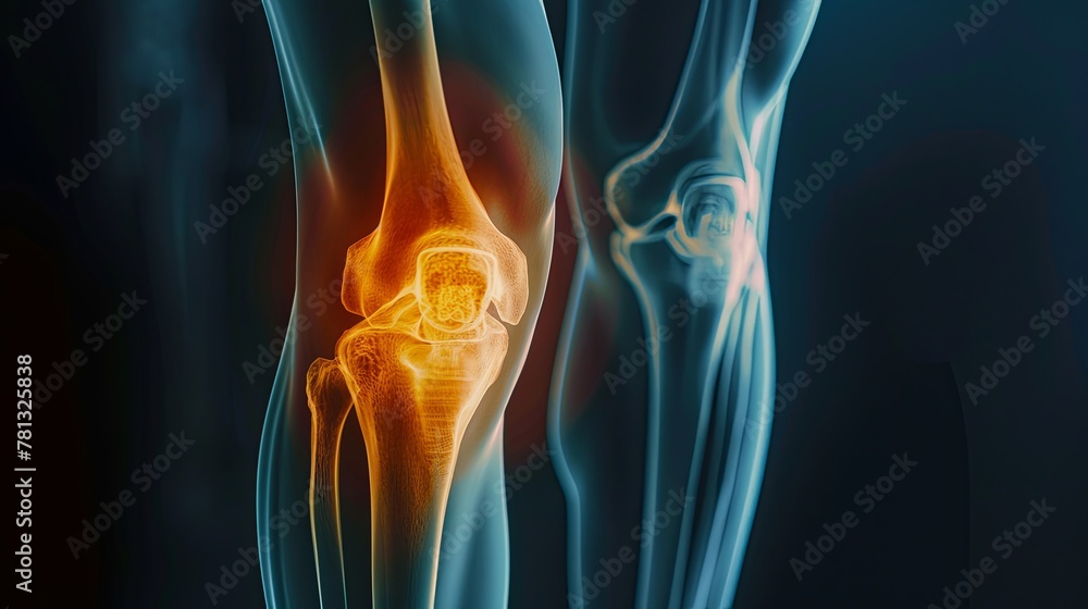 Blue x-ray illustration of human knee and spine anatomy showing pain ...