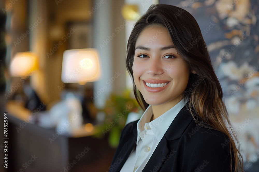 Close-Up of Smiling Hotel Receptionist. Young woman with a welcoming smile working at a hotel reception. Close-Up of Smiling Hotel Receptionist. Young woman with a welcoming smile working at a hotel reception.