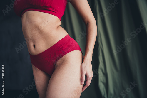Cropped unretouched photo of girl feel tender body positive in lingerie isolated green color background