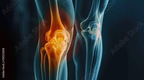 Blue x-ray illustration of human knee and spine anatomy showing pain and injury in bones and joints, with focus on knee joint health and structure osteoarthritis