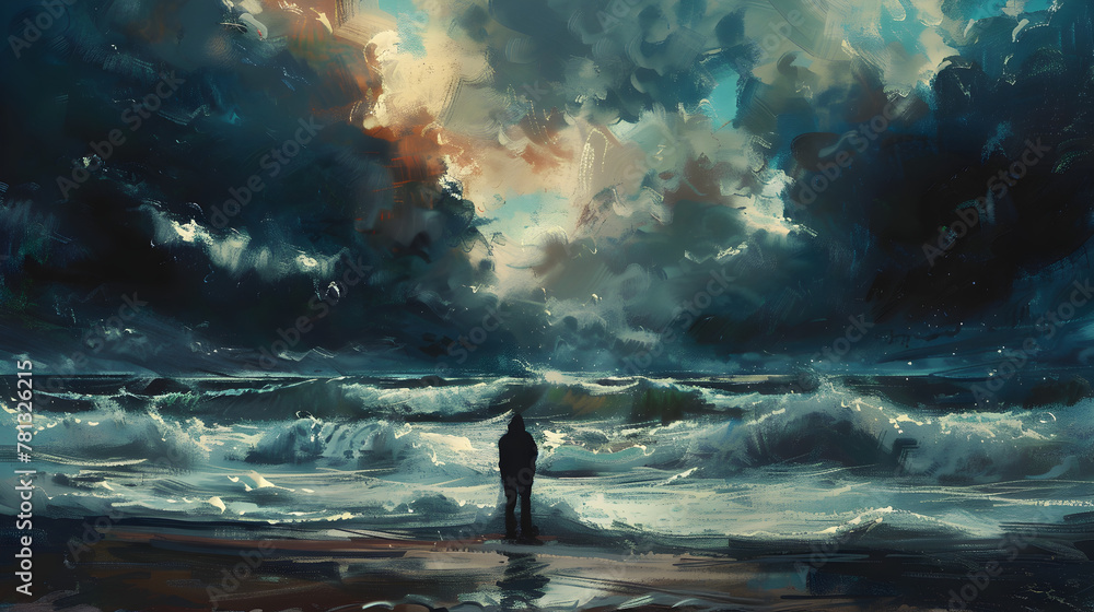 Obraz premium A teen stands alone on the beach facing tumultuous waves, a metaphor for navigating the storms of teenage breakups and interracial relationships.
