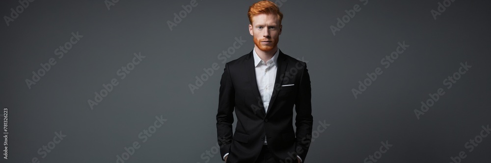 Portrait of a red-haired young man in a dark elegant business suit. Irish beauty. Portrait of a red-haired young man in a dark elegant business suit. Irish beauty.