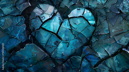 A close-up of broken glass fragments, with a cool blue hue casting a web of intricate patterns and textures.