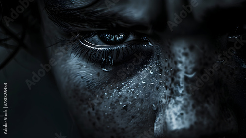 The stark contrast of light and dark captures a tearful gaze, glistening with sorrow and vulnerability. photo