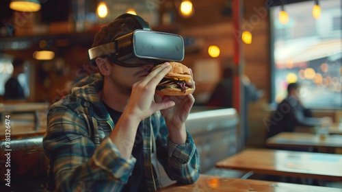 Man in vr eating food  in caffee background photo