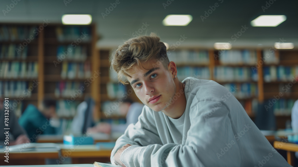 Fototapeta premium Handsome student in library leans on desk, pensively looking away