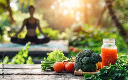 Showcase of healthy living with fresh vegetables and a smoothie on wood, and a yoga silhouette outdoors, highlighting the balance of diet and exercise.





