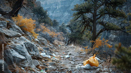 A canyon, with plastic bags caught in the branches of trees lining the gorge as the background, during a conservationist-led cleanup along hiking trails