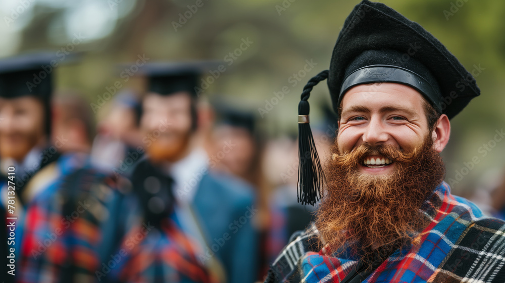 Fototapeta premium joyful Scotsman graduate with a full beard in tartan attire, exuding happiness