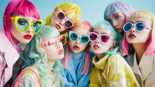  A vibrant group of models flaunt bold, pastel-colored hair and matching sunglasses in a creative fashion shoot, blending retro and contemporary styles for a bold aesthetic. © mimi