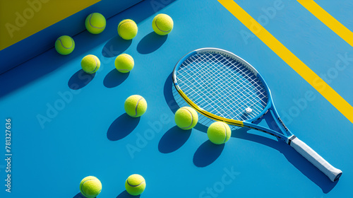 Holliday sport composition with yellow tennis balls and racket on a blue background of hard tennis court. Sport and healthy lifestyle. The concept of outdoor game sports. Flat lay © FFFF7