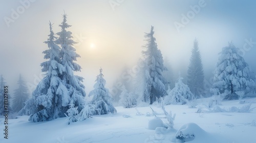 Snowy forest with sun in background