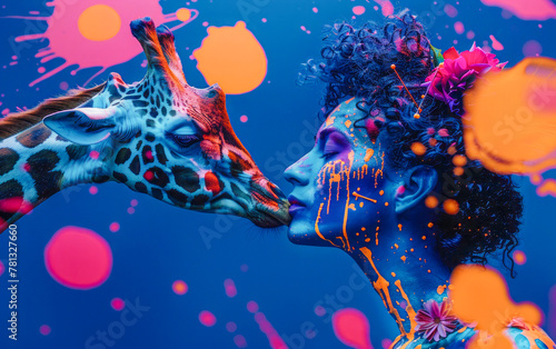  Pop art collage featuring a person with artistic paint-splash makeup and a pink floral hairdo alongside a giraffe, creating an exotic and surreal visual composition.