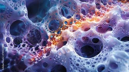 Macro view of a fantasy-inspired, organic cellular landscape, brimming with vibrant colors and complex structures photo