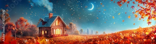 Warm rustic cabin in an autumn forest under a starry night sky