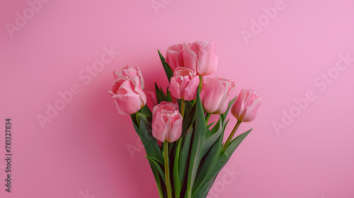 Bouquet of pink tulips flowers on pastel pink background. Beautiful composition spring flowers. Bouquet of pink tulips flowers on pastel pink background. Valentine's Day, Easter © FFFF7