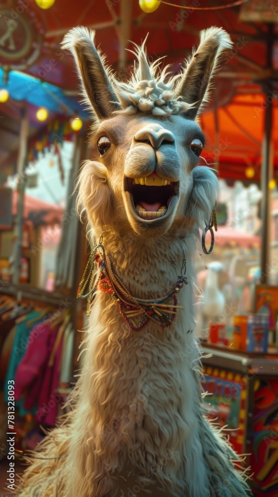 Fototapeta premium At a bustling fairground, a pair of llamas tries their luck at carnival games. Animal fairy tale vertical illustration. 