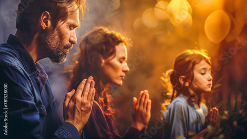 A family of three praying together to God in an act of faith