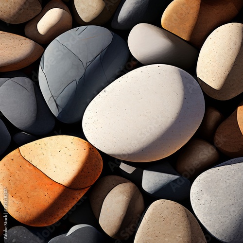 Texture focus, minimalistic style, close-up view of a smooth pebble surface, varying shades of earthy tones