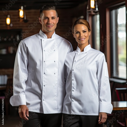 Chefs posing at camera, wearing uniform smiling in a restaurant