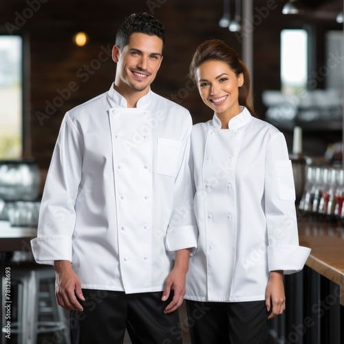 Chefs posing at camera, wearing uniform smiling in a kitchen