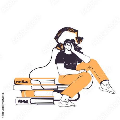 Listen to audiobooks, podcasts, and music with app. Online library or audio content banner, books and shows on-the-go, flat vector illustration isolated on white background.