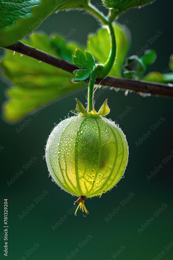 A single gooseberry hangs delicately on a twig