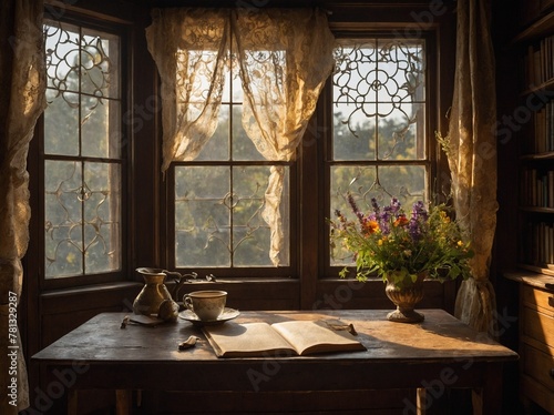 Golden sunlight filters through ornate, stained glass windows illuminating rustic wooden table set against backdrop of room filled with antique charm. An open book lies on table.