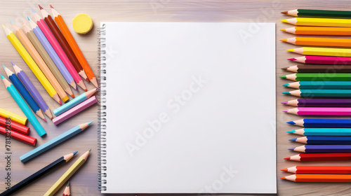 a clean empty sheet of paper surrounded by paints, pencils, stationery, layout, canvas, blank, table, drawing, picture, notepad, colored, bright, notebook, sketchbook © Julia Zarubina