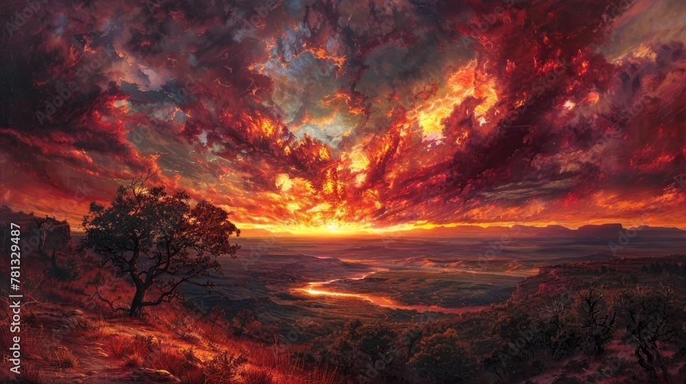 Dramatic Crimson Sunset Painting the Sky with Fiery Hues over Rugged Landscape