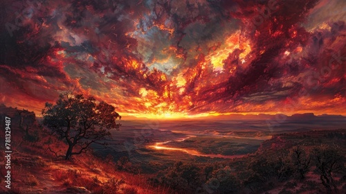 Dramatic Crimson Sunset Painting the Sky with Fiery Hues over Rugged Landscape © Sittichok