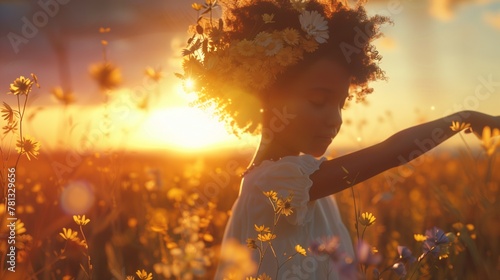 A young girl with her afro adorned with wildflowers, dancing gracefully in a field at sunset.