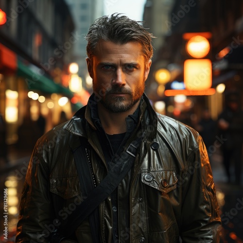 Man with beard standing in the city at night cinematic lighting