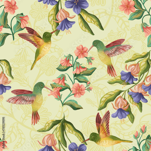 Pattern with birds and flowers. Hummingbirds and flowers. Seamless floral watercolor pattern with garden flowers, leaves, birds. Flower design for wrapping paper, cover, textile, fabric, wallpaper © Elli
