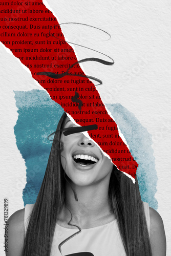 Vertical image collage of young girl blind eyeless laugh happiness fragment piece paper text red teeth mouth psychedelic isolated on painted background photo