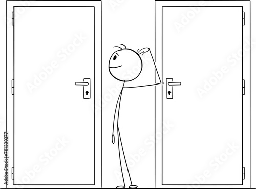 Choose the right door to open and enter, vector cartoon stick figure or character illustration.