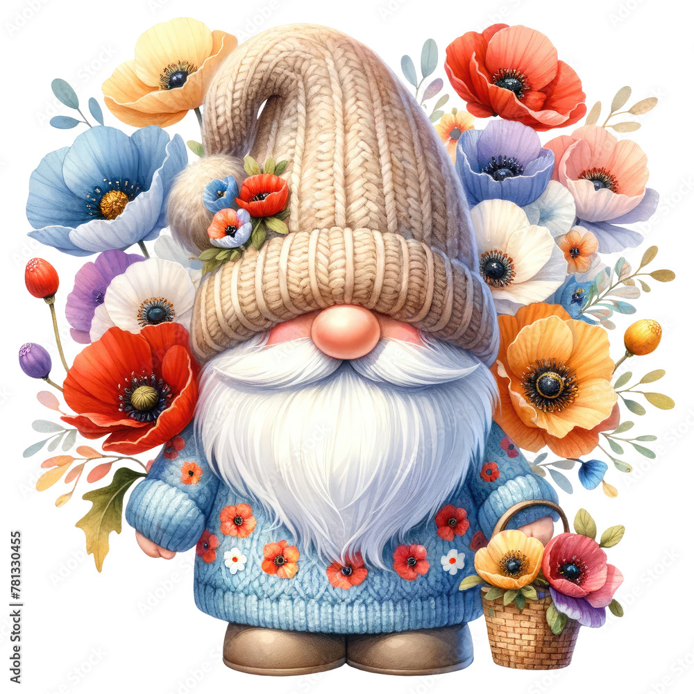 Floral Gnome with Poppy flowers Illustration